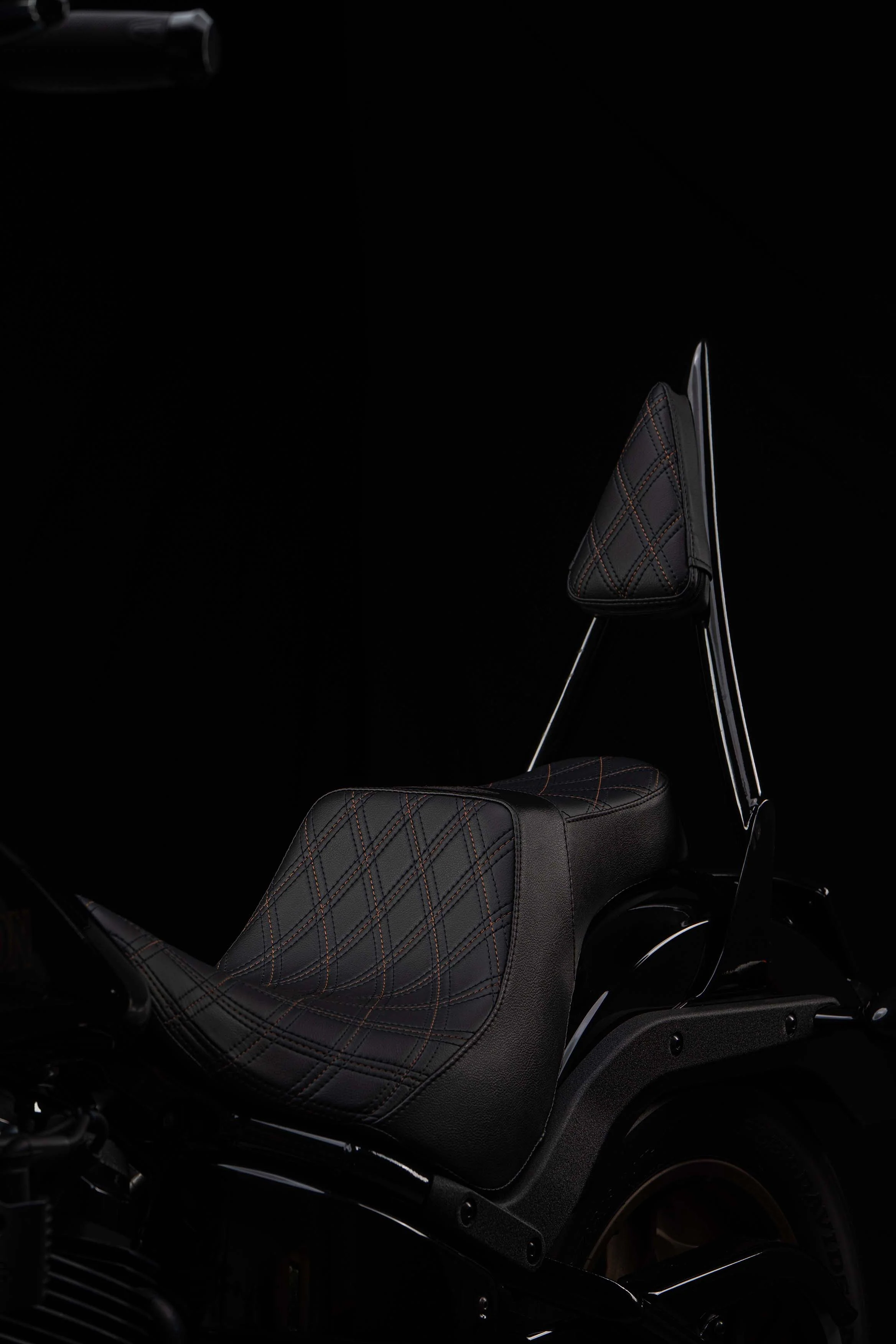 Seat & Sissy Bar Combo, Our Stealth-Grip™ Triple Diamond™ 2-Up Saddle and Diablo Sissy Bar with 100% Matching Triple Diamond Backrest Pad! (For 2009-2023 Touring Models) - Image 10