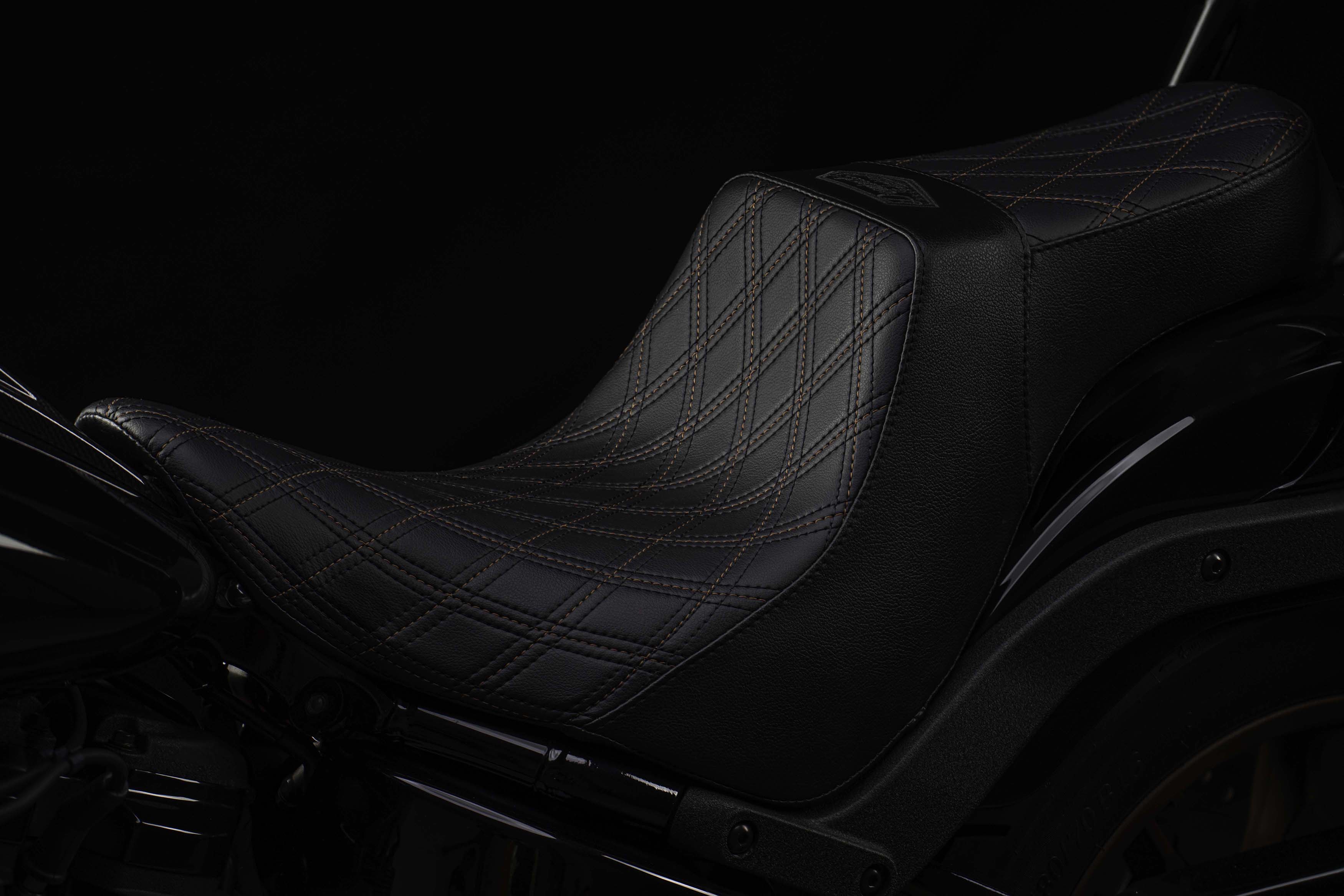Seat & Sissy Bar Combo, Our Stealth-Grip™ Triple Diamond™ 2-Up Saddle and Diablo Sissy Bar with 100% Matching Triple Diamond Backrest Pad! (For 2009-2023 Touring Models) - Image 3
