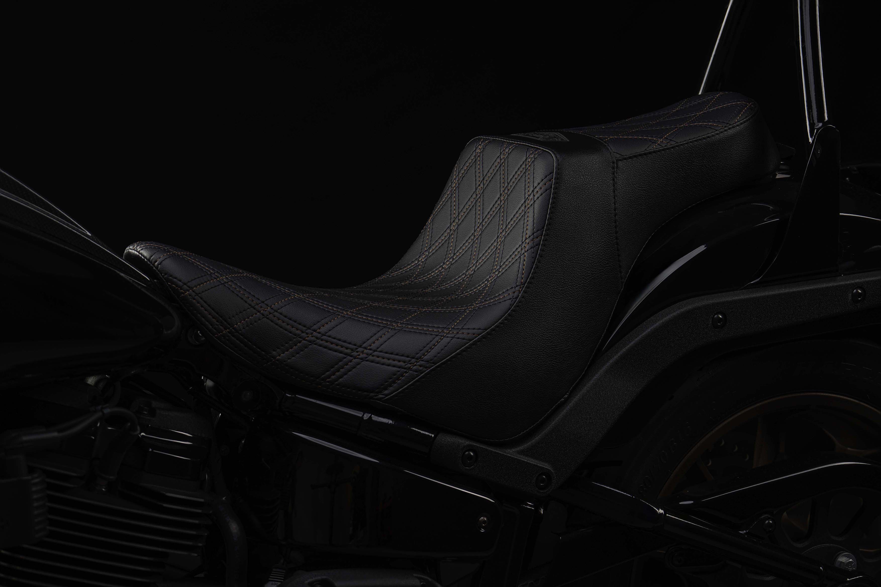 Seat & Sissy Bar Combo, Our Stealth-Grip™ Triple Diamond™ 2-Up Saddle and Diablo Sissy Bar with 100% Matching Triple Diamond Backrest Pad! (For 2009-2023 Touring Models) - Image 4