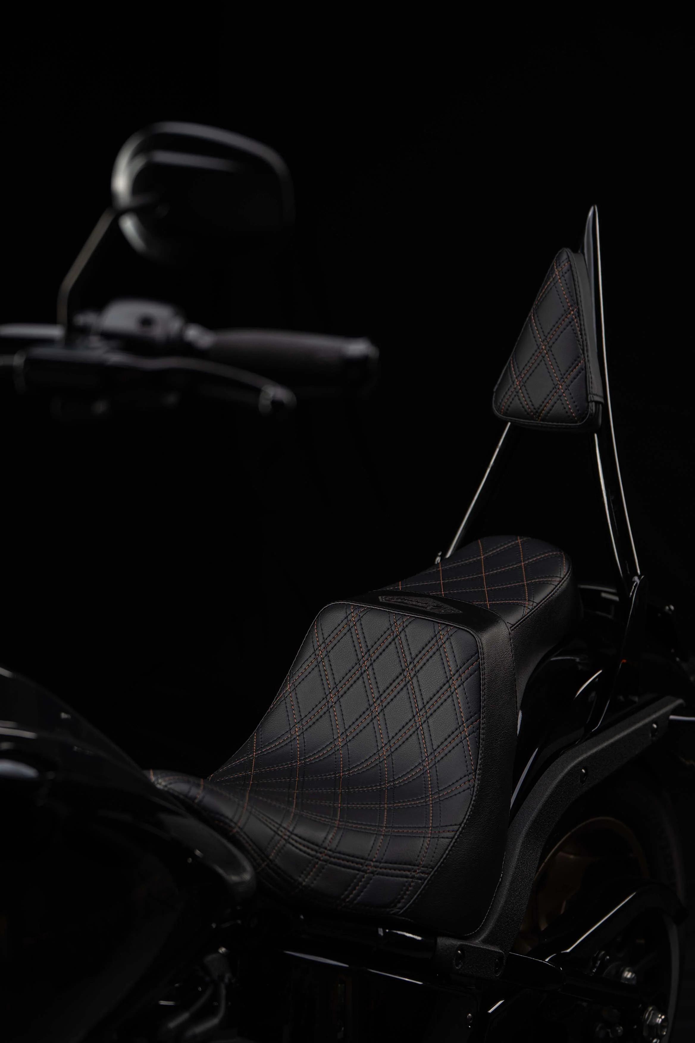 Seat & Sissy Bar Combo, Our Stealth-Grip™ Triple Diamond™ 2-Up Saddle and Diablo Sissy Bar with 100% Matching Triple Diamond Backrest Pad! (For 2009-2023 Touring Models) - Image 9